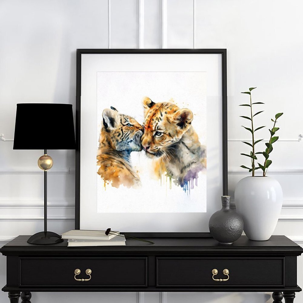 8x10 Baby Tigers Playing Watercolor‎ Oil Painting Print - Tiger Cubs Art